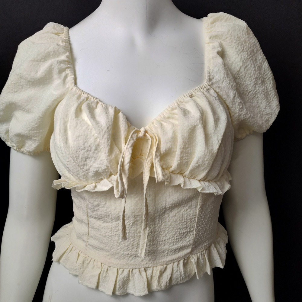 Forever 21 Sm coquette crop top Y2K babydoll puff sleeve smocked yellow preppy